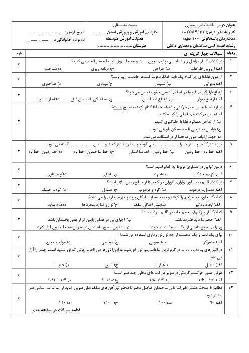 آزمون نوبت دوم نقشه کشی معماری دوازدهم هنرستان کاردانش امام محمد باقر | خرداد 1397