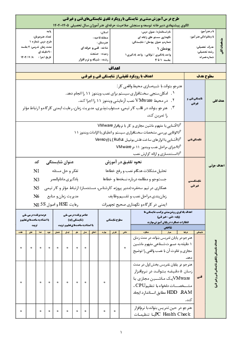 طرح درس روزانه واحد یادگیری 1 پودمان 1 درس نگهداری سیستم‌های رایانه‌ای | نصب سیستم عامل ویندوز 11