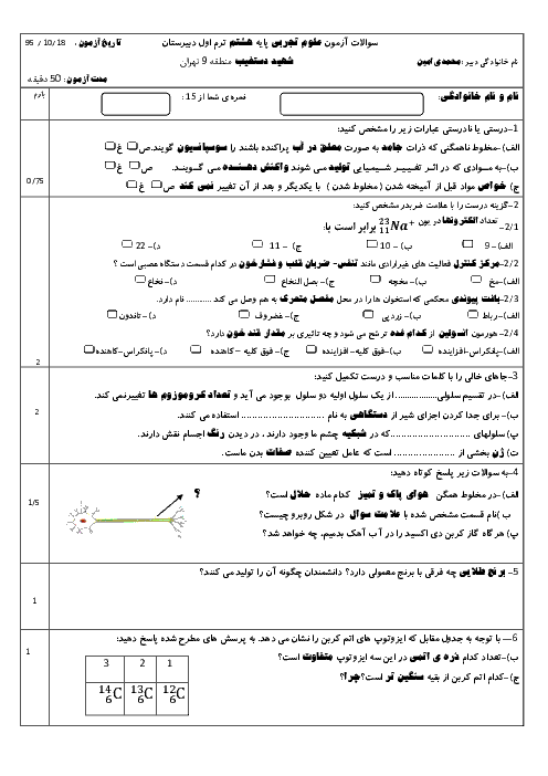 امتحان نوبت اول علوم هشتم دبیرستان شهید دستغیب منطقۀ 9 تهران | دی 95