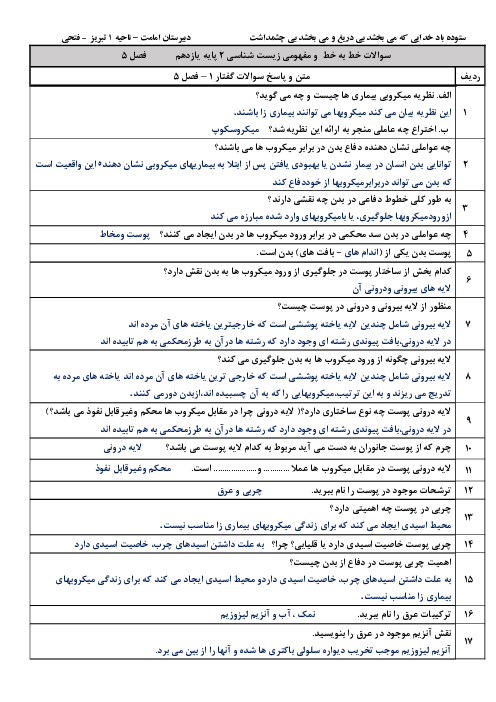 بانک سوالات خط به خط و مفهومی زیست شناسی (2) یازدهم دبیرستان امامت | فصل 5: ایمنی