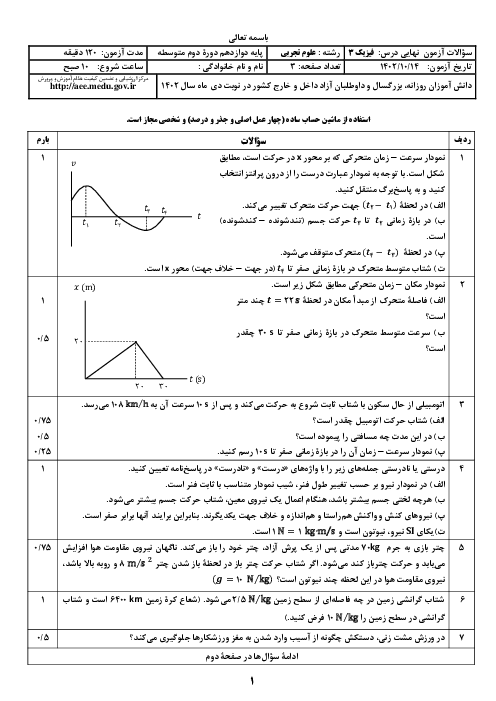 سؤالات امتحان نهایی نوبت دی 1402 | درس فیزیک (3) دوازدهم تجربی