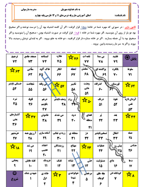 املای آموزشی مار و پله درس های 11 و 12 فارسی چهارم