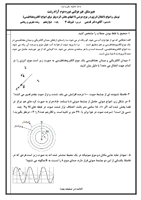 امتحان نوسان و امواج (انتقال انرژی در موج عرضی تا انتهای بخش اثر دوپلر برای امواج الکترومغناطیسی)