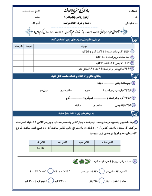 کاربرگ جمع و تفریق عددهای مرکب فصل 1 ریاضی پنجم