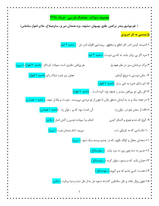 مجموعه سوالات طبقه‌بندی شده فارسی و املا ششم هماهنگ کشوری در خرداد 1398 ( از 13 شهر) به تفکیک نوع سوال