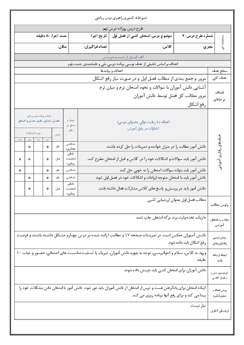 طرح درس جلسه هفتم: مرور و جمع بندی فصل اول | ریاضی نهم