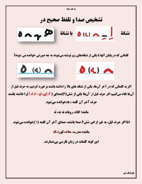 تشخیص صدا و تلفظ صحیح نشانه‌ی ( اِ   ِ  ﻪ ﻩ ) و (ﻫ  ﻬ  ﻪ  ﻩ )