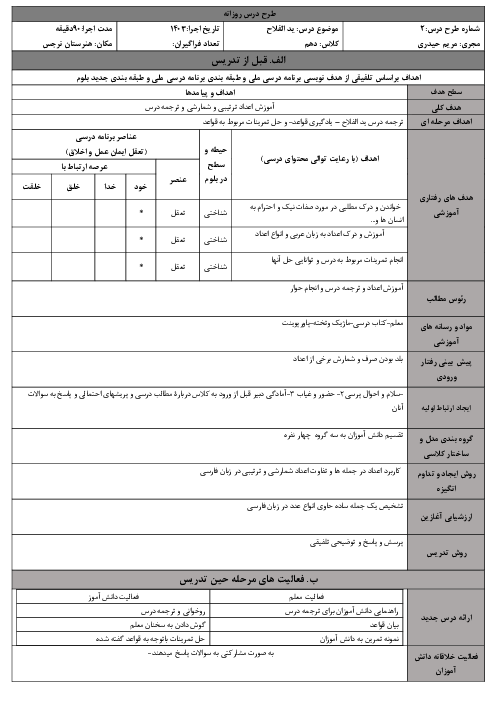 الگوی تدریس درس 2: ید الفلاح | طرح درس عربی 1 فنی