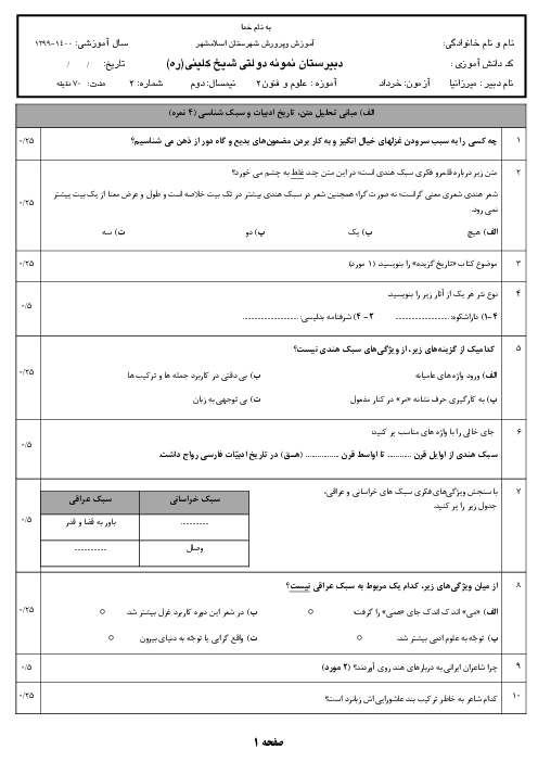 نمونه سوال امتحان نوبت دوم علوم و فنون ادبی (2) یازدهم | خرداد 1400