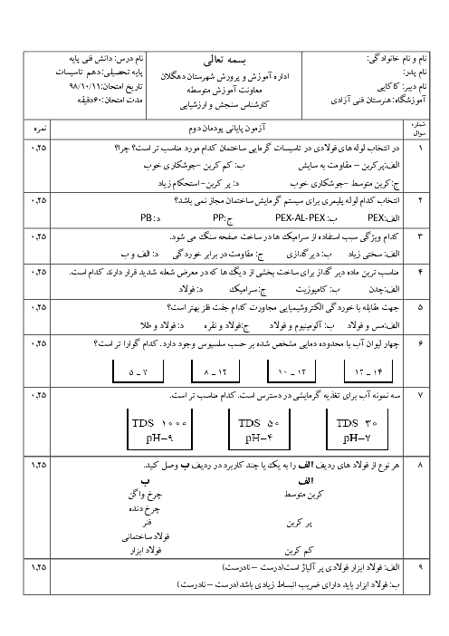 آزمون دانش فنی پایه دهم هنرستان فنی آزادی | فصل 2: مواد و کاربرد آنها + پاسخ