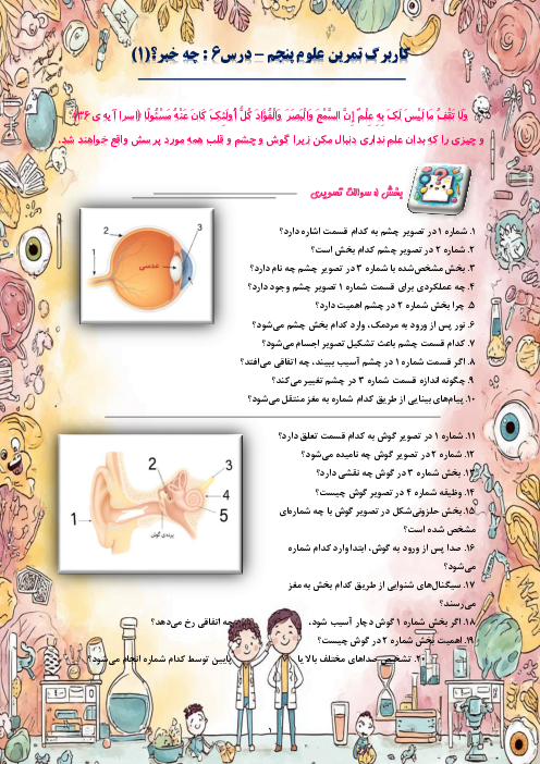 کاربرگ سوالات مدادکاغذی و مهارتی علوم پنجم دبستان | درس 6: چه خبر 1 (بینایی و شنوایی) 