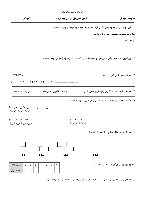 آزمون فصل اول ریاضی پایه چهارم دبستان منصوره کاظمی