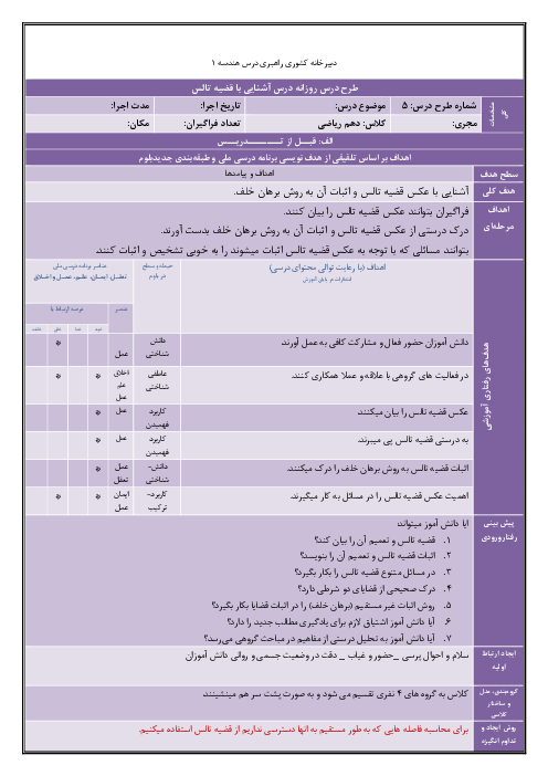 طرح درس روزانه عکس قضیه تالس و اثبات آن به روش برهان خلف