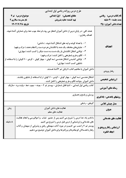 طرح درس تم 4: آشنایی با مفهوم ضلع و رأس | ریاضی اول دبستان