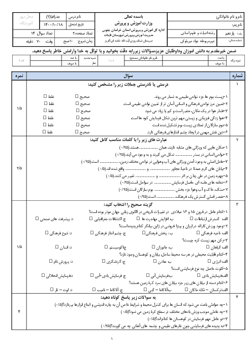 سوالات آزمون نوبت اول جغرافیا (2) یازدهم دبیرستان آیت الله خامنه‌ای | دی 1400