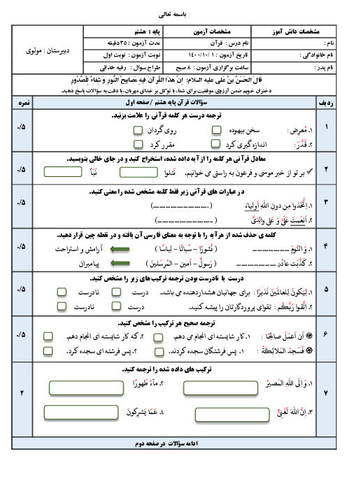 سوالات آزمون نوبت اول قرآن هشتم دبیرستان مولوی زنجان | دی 1400