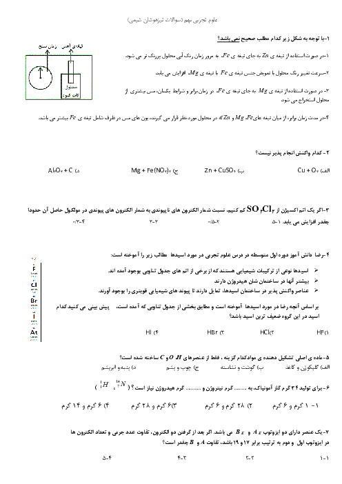 سوالات تیزهوشانی شیمی نهم | 9 سوال تستی