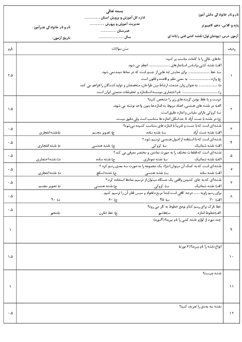 امتحان پودمان اول درس نقشه کشی فنی رایانه ای هنرستان ترنج