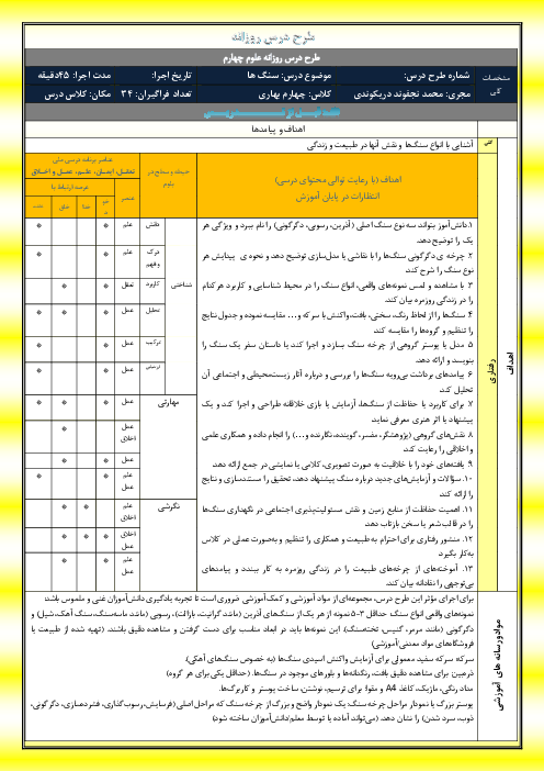 طرح درس روزانه درس 6 علوم چهارم | سنگ ها
