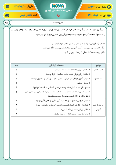 سوالات آزمون نوبت دوم انشای فارسی نهم هماهنگ استان یزد | خرداد 1401