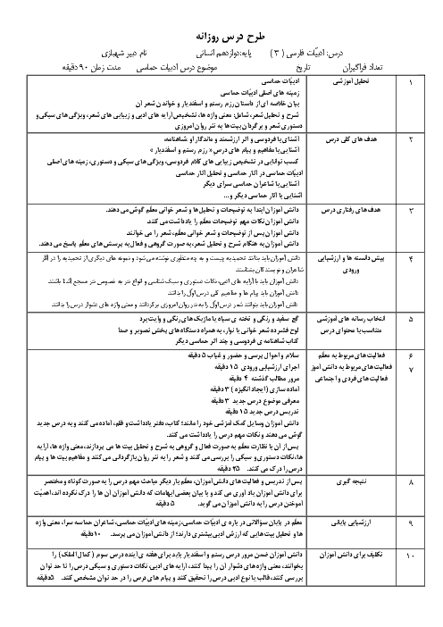 طرح درس فارسی (3) دوازدهم دبیرستان طالقانی | فصل 6: ادبیات حماسی