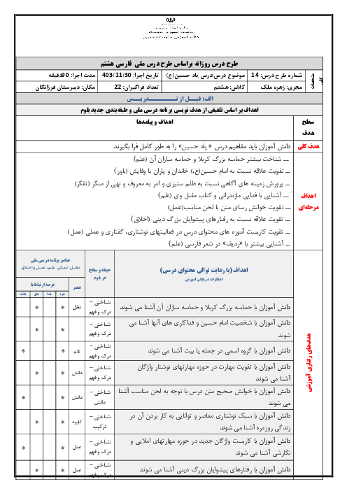 طرح درس روزانه براساس طرح درس ملی فارسی هشتم | درس 14: یاد حسین