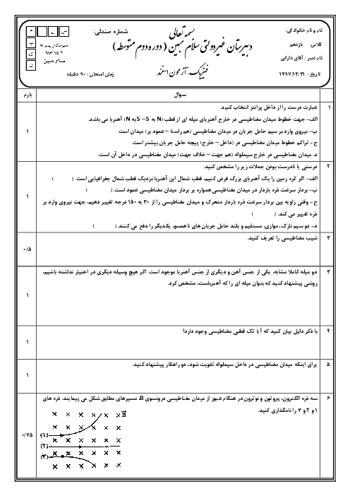 آزمون فصل 3 فیزیک (2) یازدهم دبیرستان سلام مبین | مغناطیس