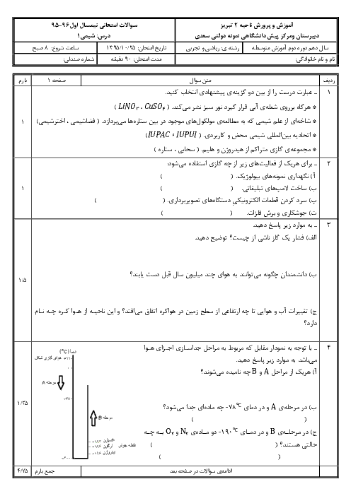 امتحان ترم اول شیمی دهم دبیرستان نمونه دولتی سعدی تبریز | دی 97