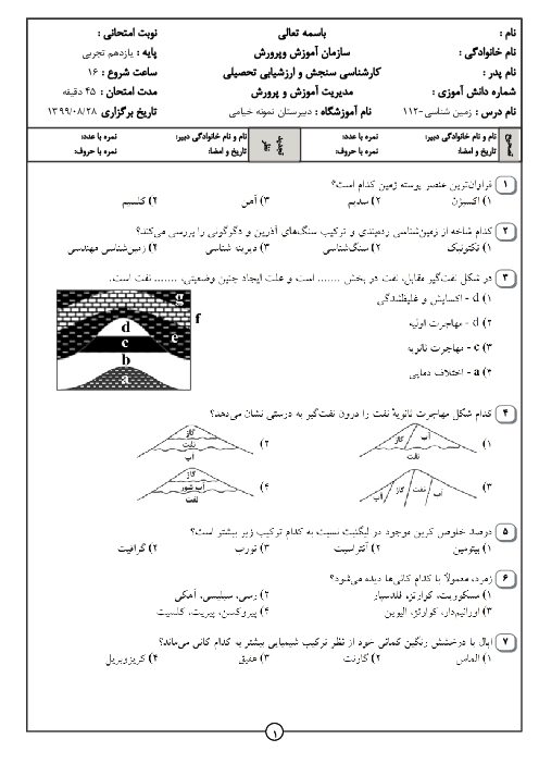 سوالات تستی فصل 1 و 2 زمین شناسی یازدهم دبیرستان نمونه خیامی