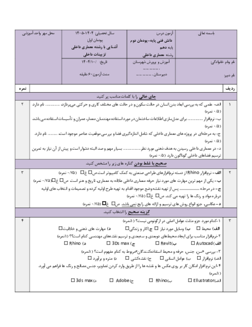 آزمون پودمان 2 دانش فنی پایه دهم: فرآیند طراحی و عوامل انسانی