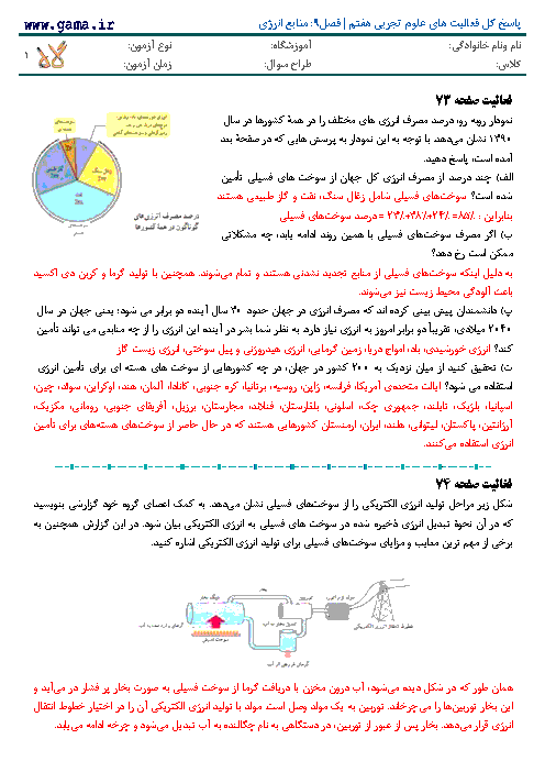 پاسخ کل فعالیت های علوم تجربی هفتم | فصل 9: منابع انرژی