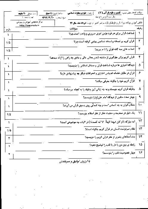 سوالات امتحان نهایی تفسیر و علوم قرآنی (2)- خرداد 1392