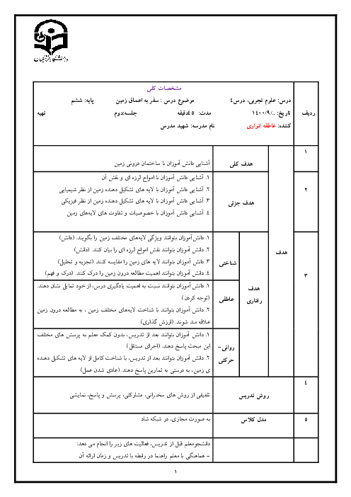 طرح درس روزانه علوم تجربی پایه‌ی ششم | درس 4: سفر به اعماق زمین