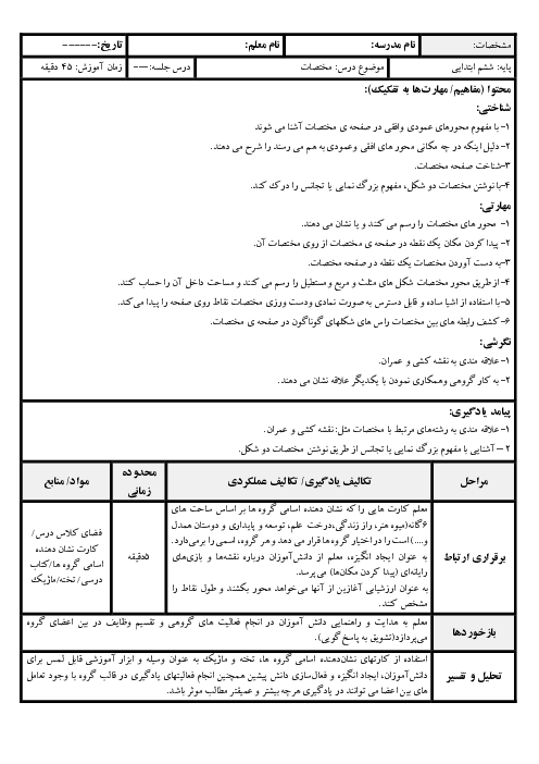 طرح درس فصل 4: محورهای مختصات (ص 74 تا 79)