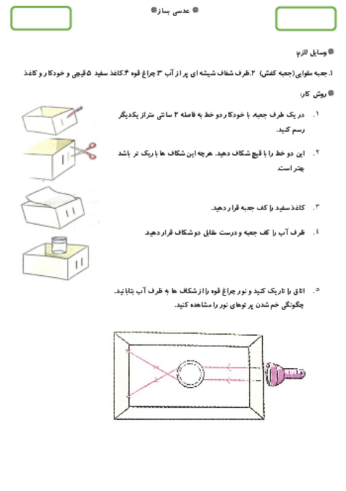آزمون عملکردی درس 3 علوم پنجم: ساخت عدسی با ظرف آب