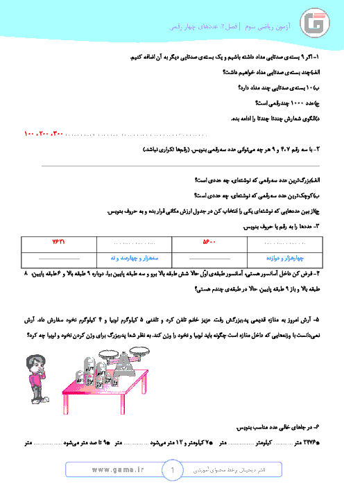 آزمون مداد کاغذی ریاضی سوم ابتدائی | فصل 2: عددهای چهار رقمی