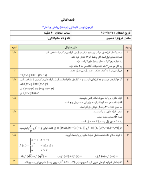 نمونه سئوال شهریور ماه 1403 درس ریاضی و آمار 2 دبیرستان امام حسین باوی