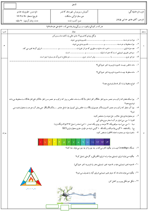 امتحان فصل 1 تا 4 علوم هشتم مدرسه فرهنگ