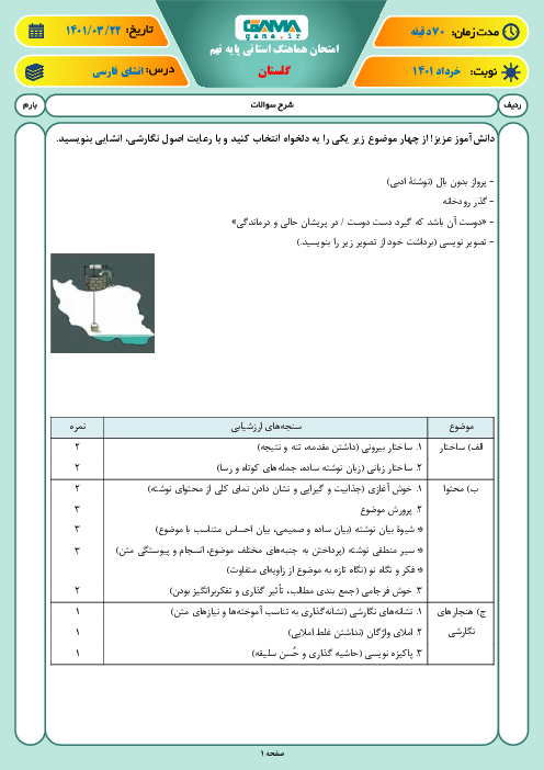 سوالات آزمون نوبت دوم انشای فارسی نهم هماهنگ استان گلستان | خرداد 1401