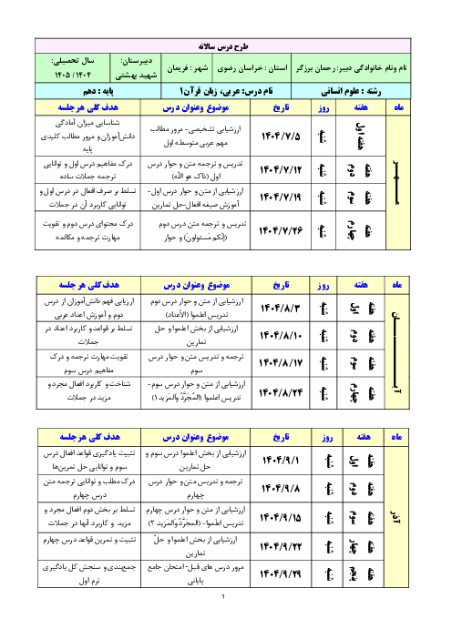 طرح درس سالانه عربی پایه دهم انسانی سال تحصیلی 1405-1404