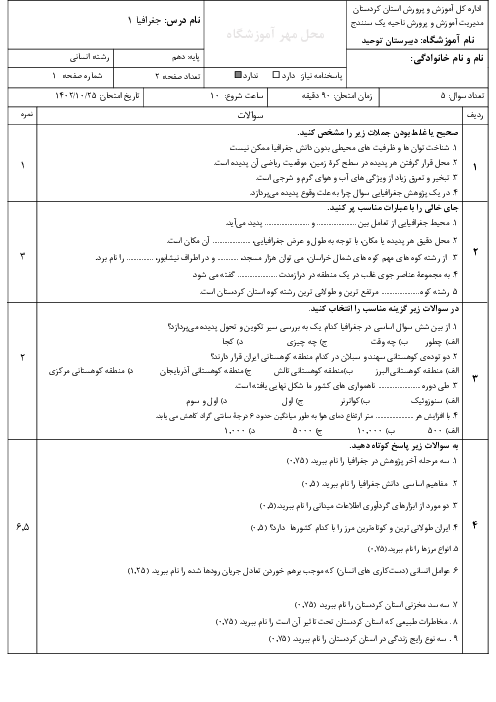 نمونه سؤال امتحان ترم اول جامعه شناسی دهم انسانی دبیرستان توحید | دی 1402