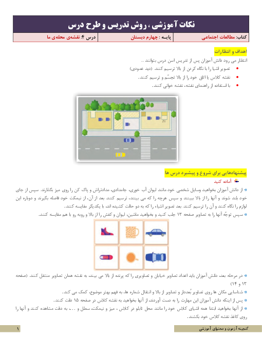 نکات آموزشی، روش تدریس و طرح درس مطالعات اجتماعی چهارم | درس 4: نقشه‌ی محله‌ی ما
