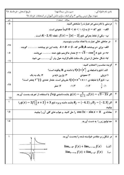 آزمون آماده سازی نوبت دوم ریاضی دوازدهم دبیرستان سید الشهداء | اردیبهشت 1398 + پاسخ