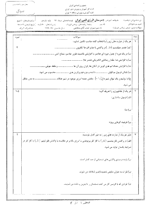 آزمون نوبت اول شیمی (2) یازدهم دبیرستان انرژی اتمی | دی 1396