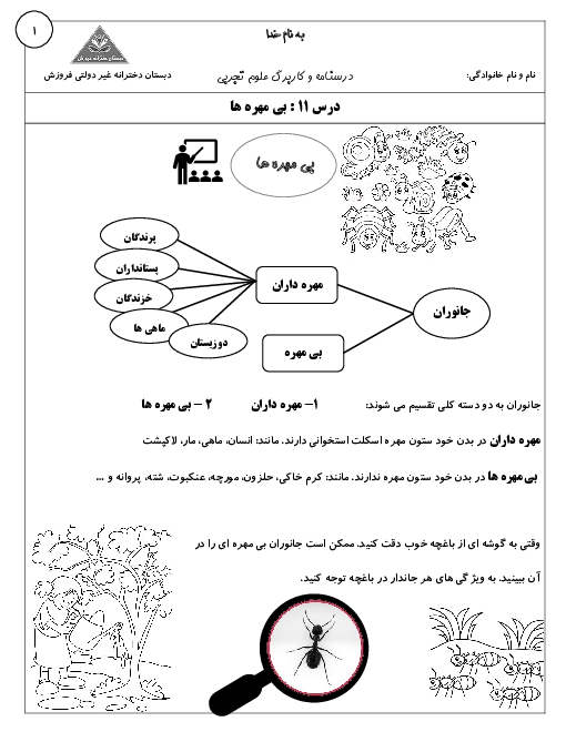 درسنامه و کاربرگ های درس 11 علوم تجربی چهارم دبستان دخترانه فروزش