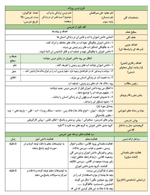 طراحی آموزشی درس 6: زندگی ما و آب | علوم سوم ابتدائی