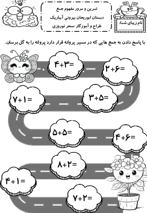 کاربرگ تمرین جمع عددهای یک رقمی