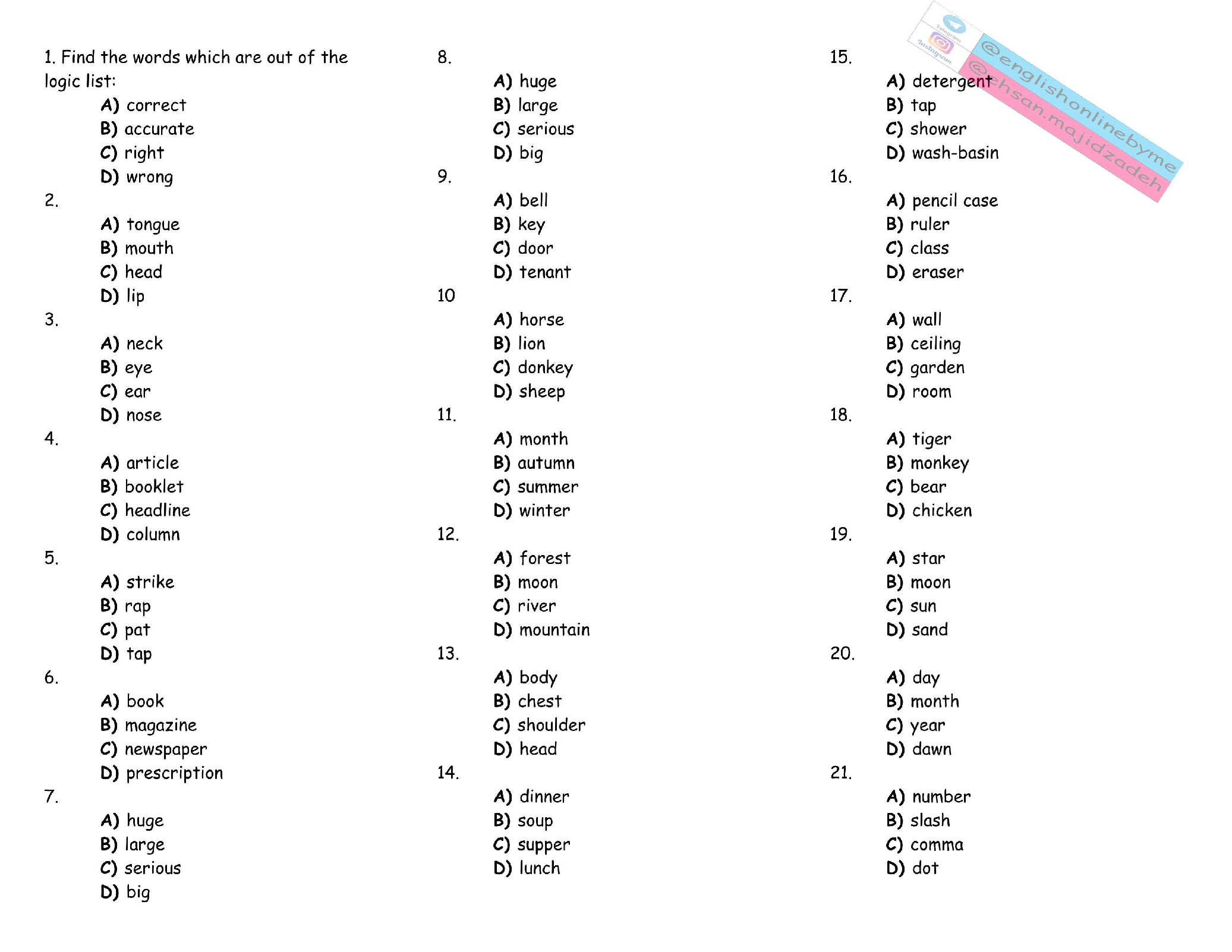 سوالات تستی واژگان (Find the words which are out of the logic list)