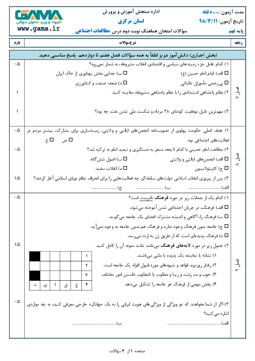 سؤالات امتحان هماهنگ استانی نوبت دوم مطالعات اجتماعی پایه نهم استان مرکزی | خرداد 1398