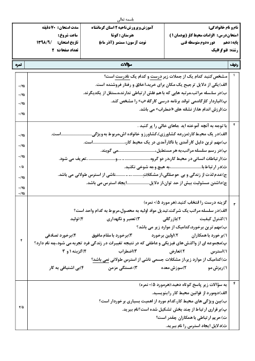 امتحان پودمان 1 الزامات محیط کار دهم هنرستان کوشا | محیط کار و ارتباطات انسانی 